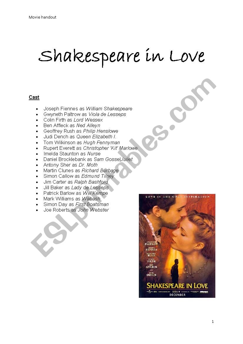 Shakespeare in Love worksheet
