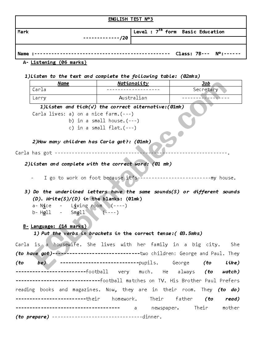 Mid term test N3 7th formers worksheet