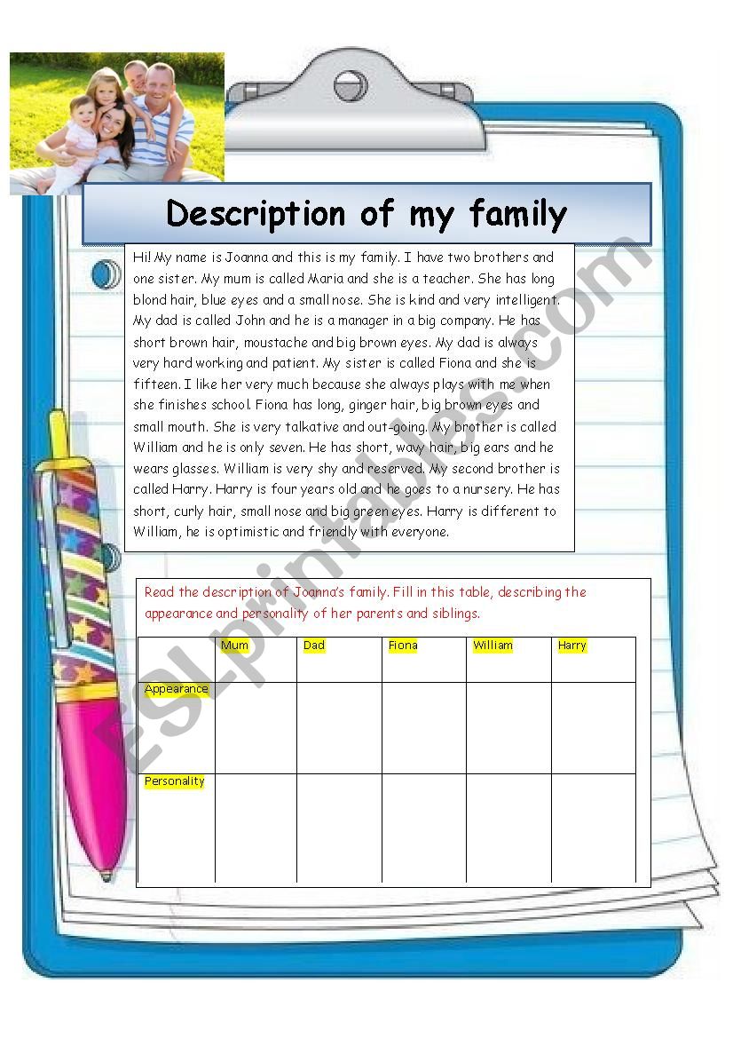 family description worksheet