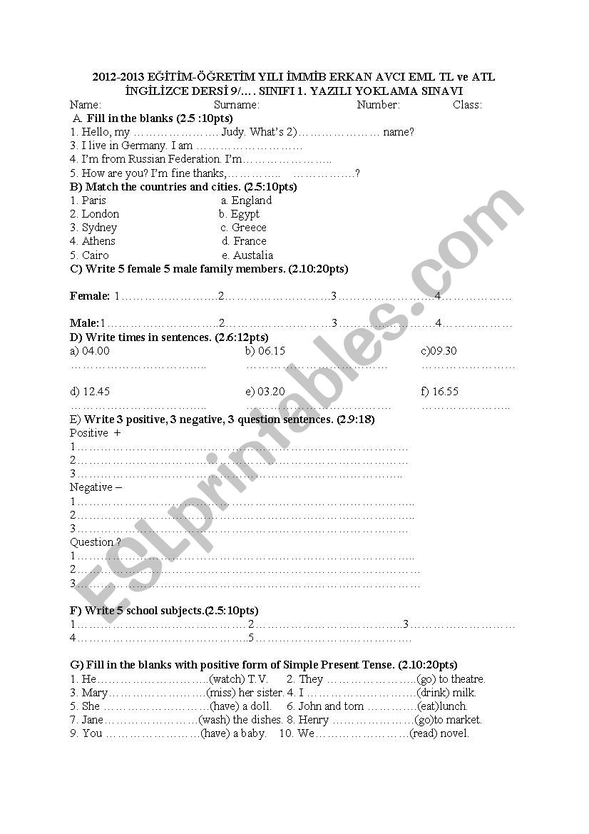 9. grade examination worksheet