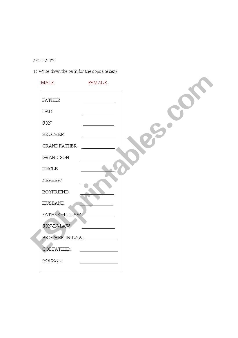 Family member vocabulary and activites