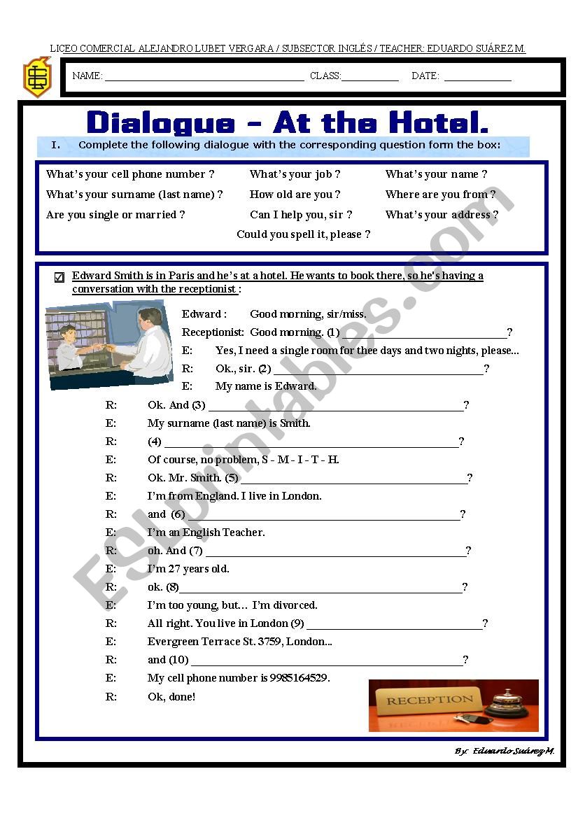 At the Hotel - Dialogue worksheet