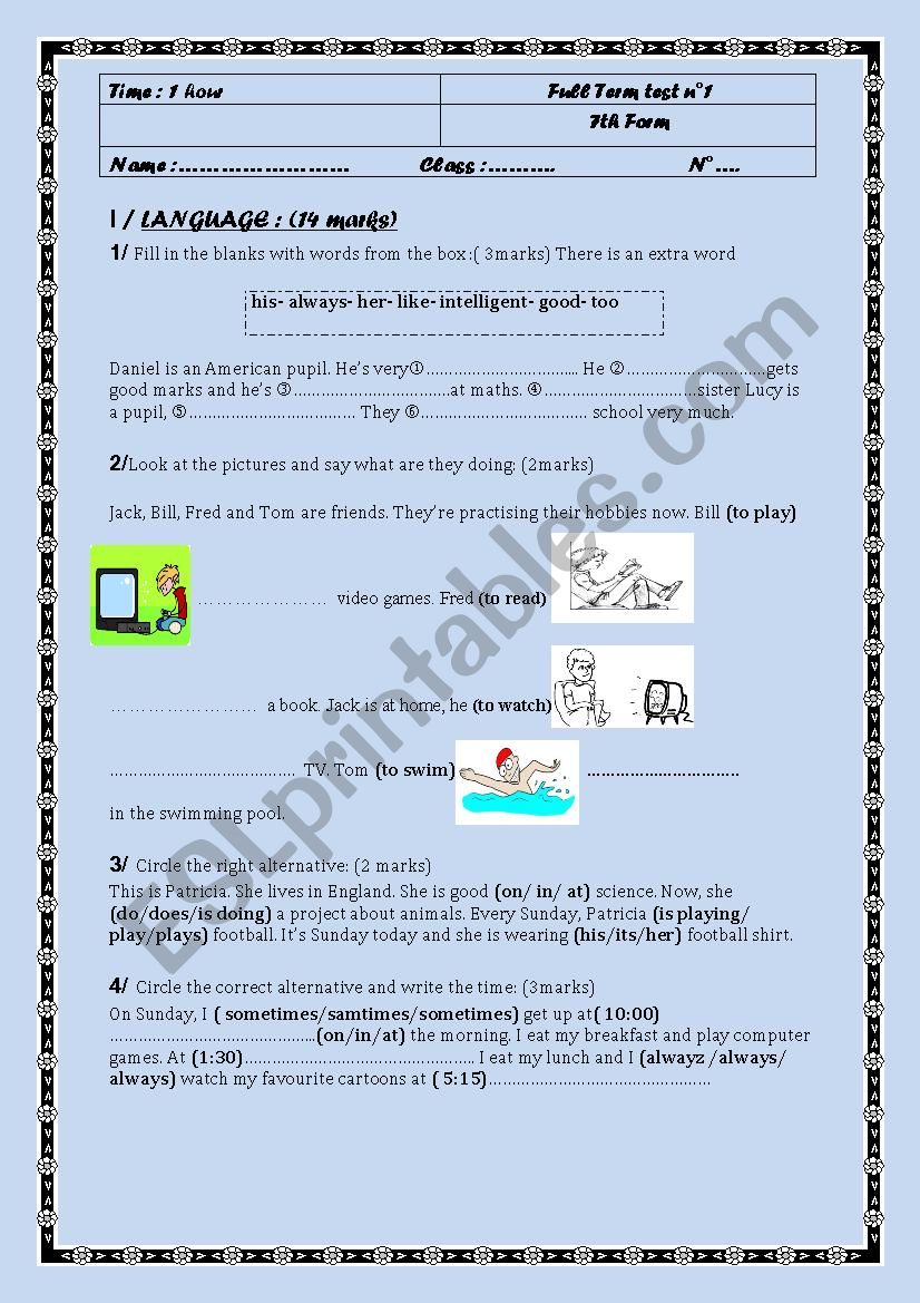Full term test n°1 for the 7th form