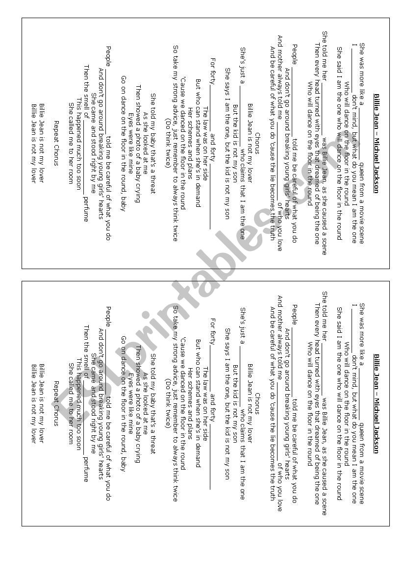 Michael Jackson Billy Jean worksheet