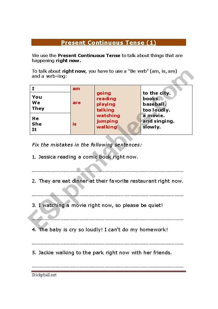 present continous worksheet