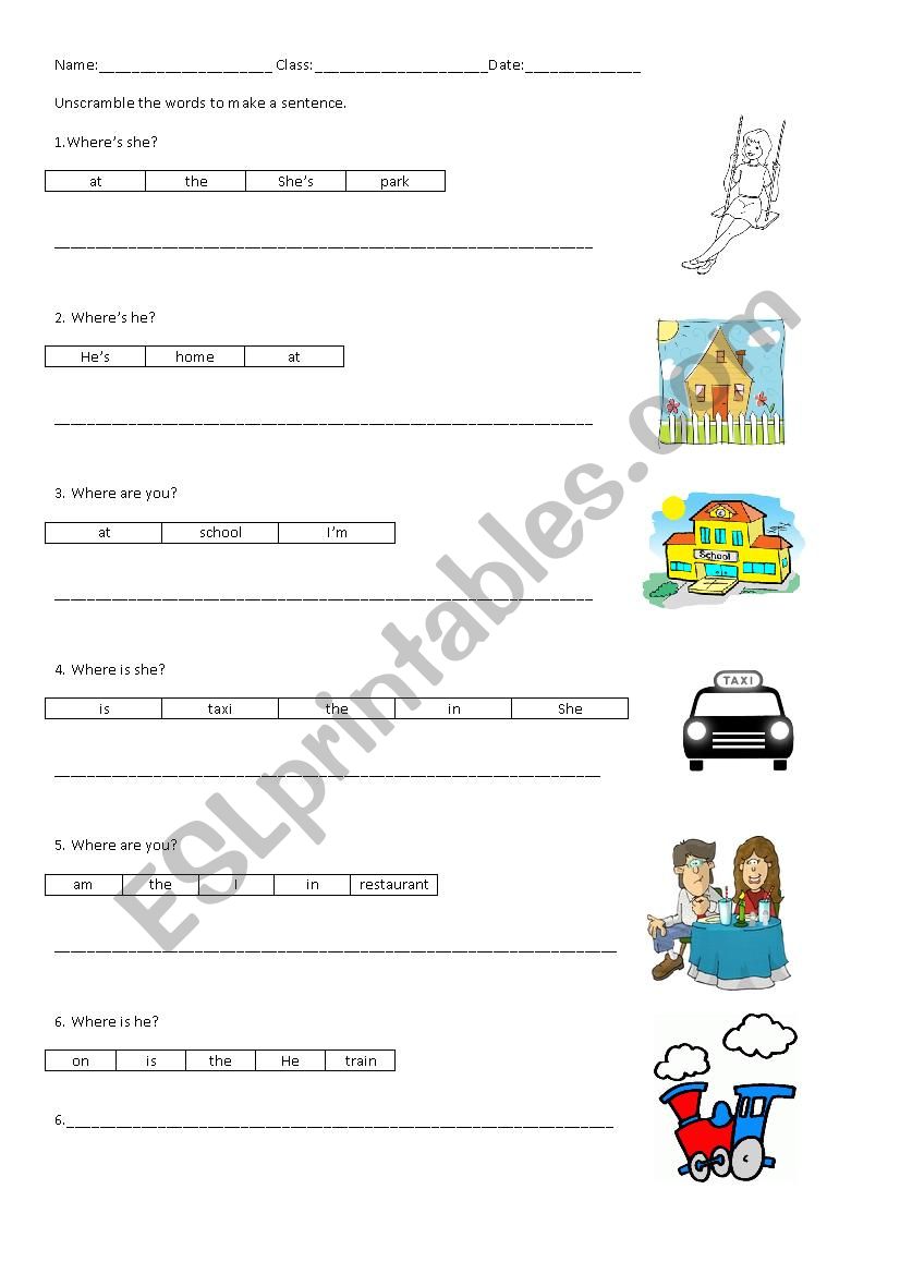 Locations/Places/Where are you?- Sentence unscramble