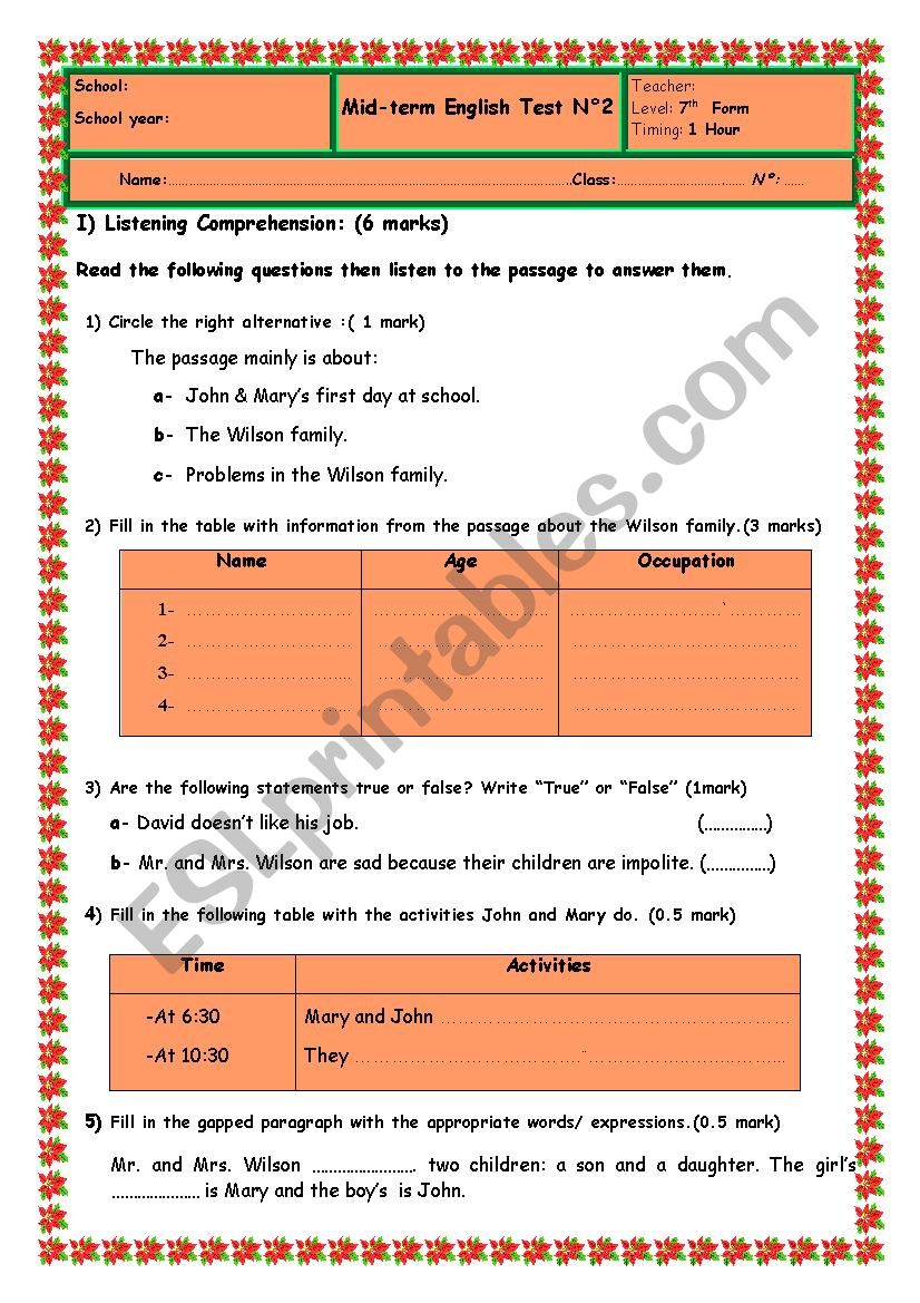 Mid-term English Test N2   7th  Form