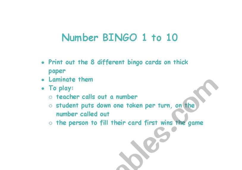 Number Bingo 1 to 10 worksheet