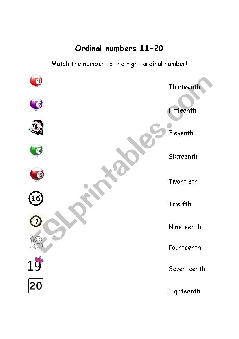 Ordinal numbers 11-20 worksheet