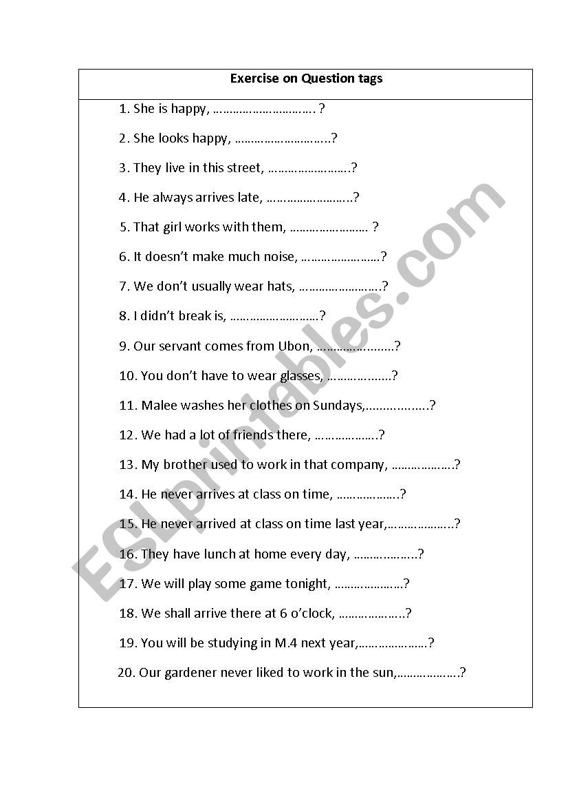 Exercise on Question tags  worksheet