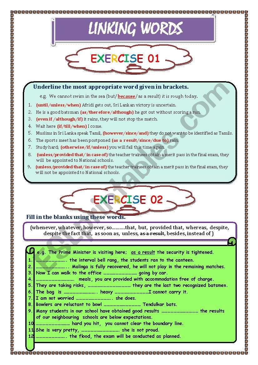 LINKING WORDS Exercise 1 & 2  (Key included)