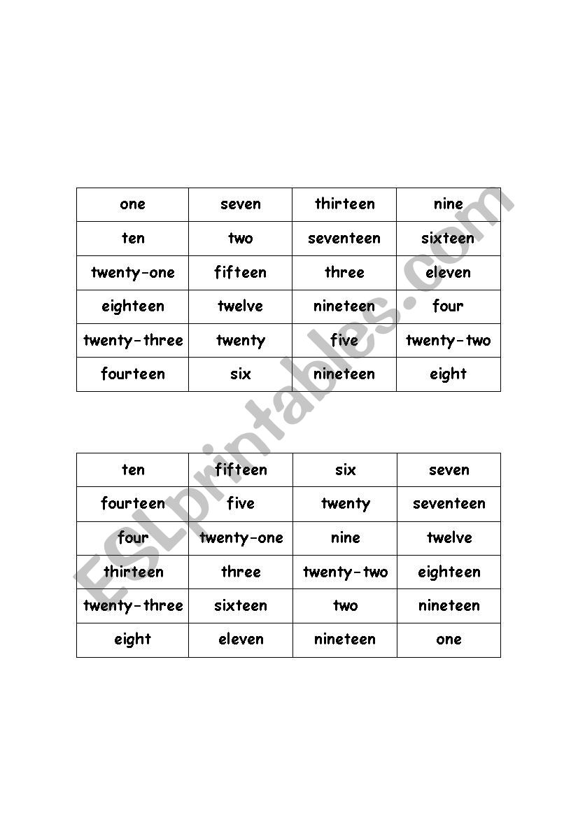 Numbers bingo (using number spelling)