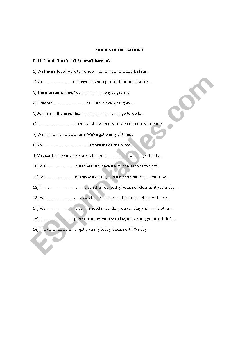 Modals of obligation worksheet