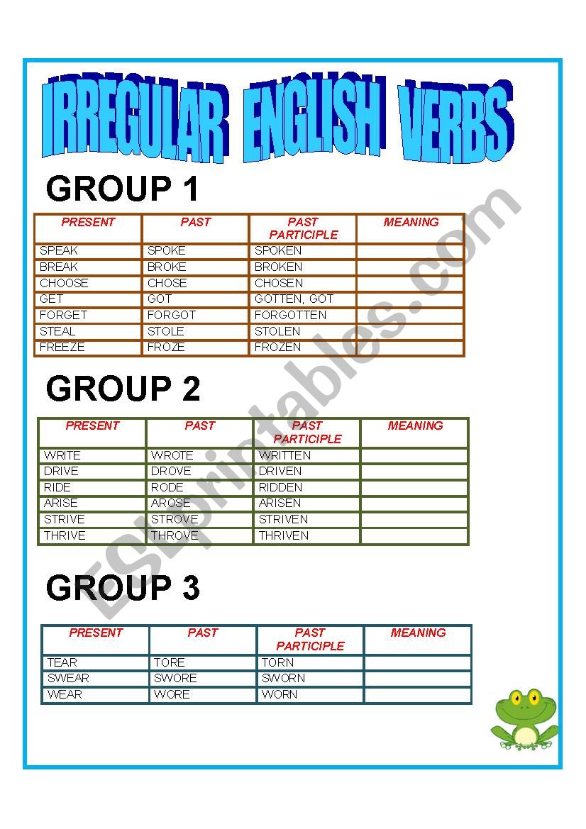 IRREGULAR VERBS LIST worksheet