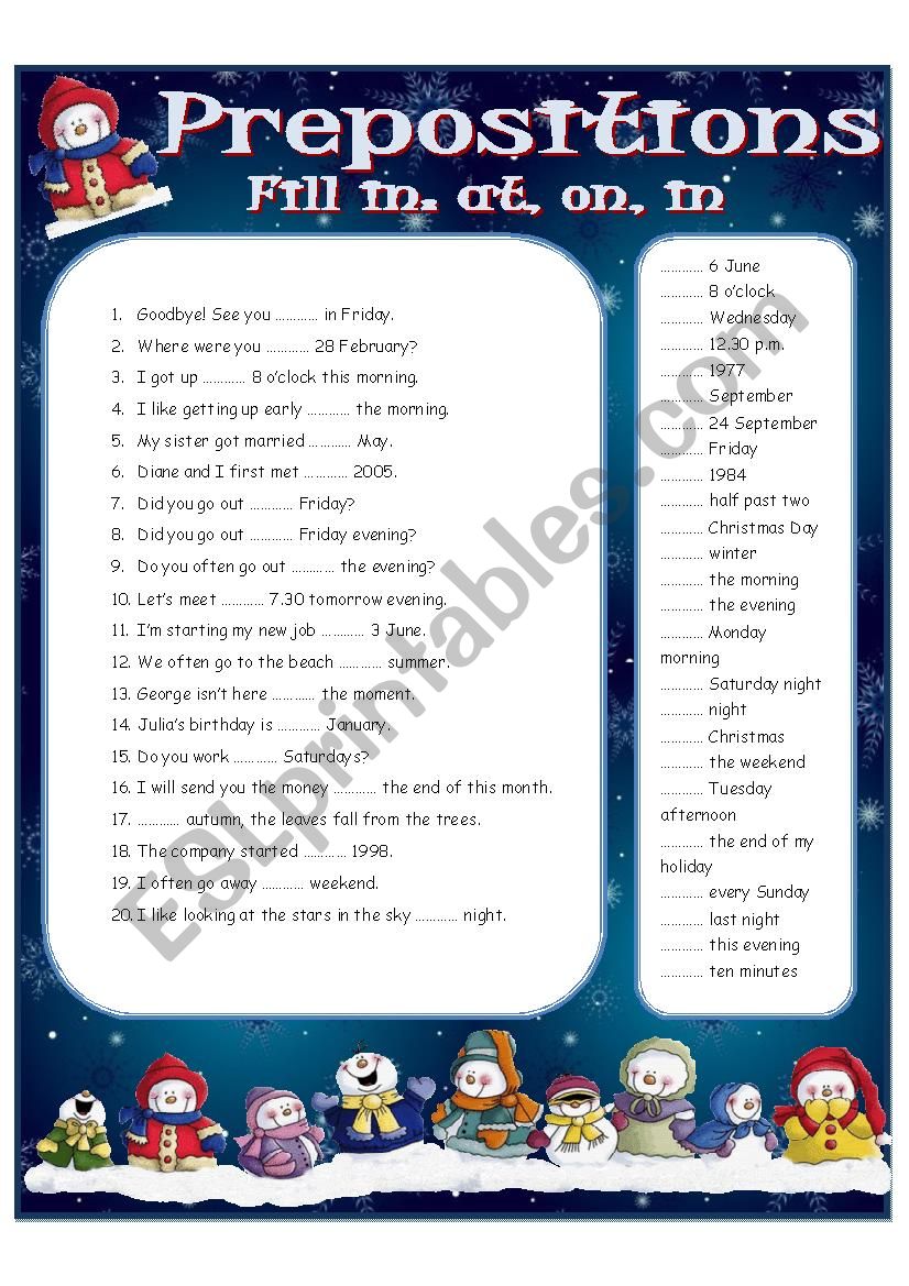 Prepositions of Time worksheet