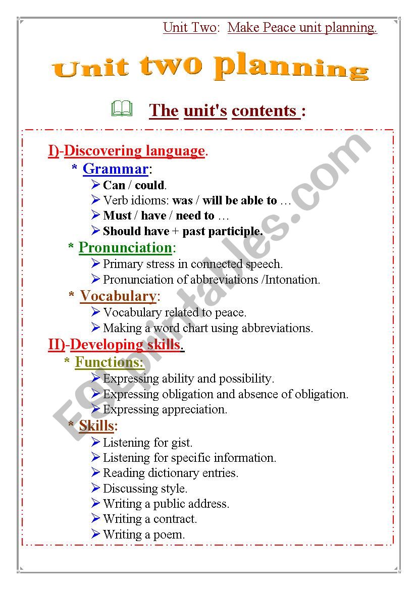 unit two making peace unit planning