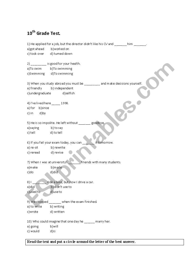 test for 10th grade worksheet