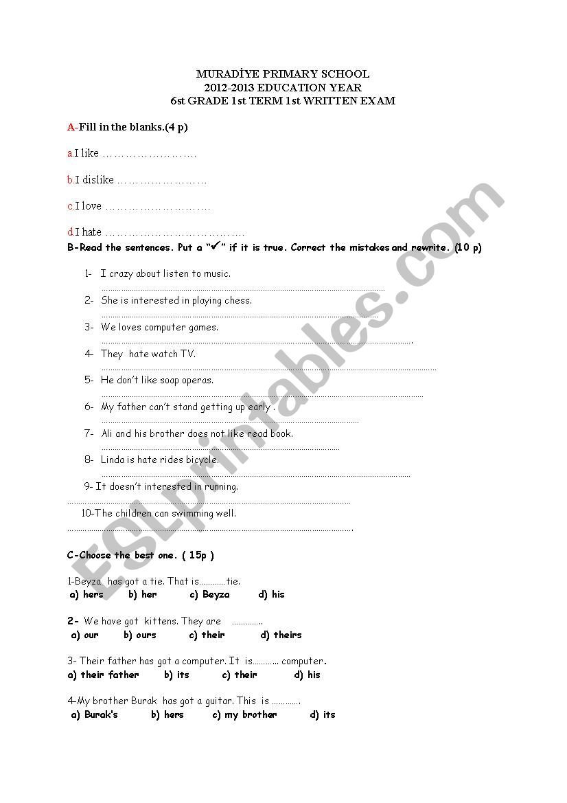 1st school term 1 written exam for 6th grades