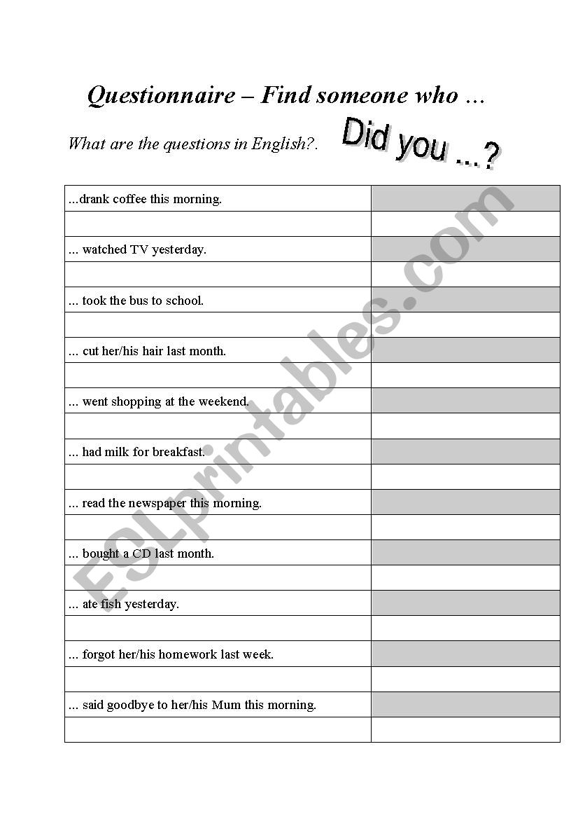 Questionnaire Did you ...? worksheet