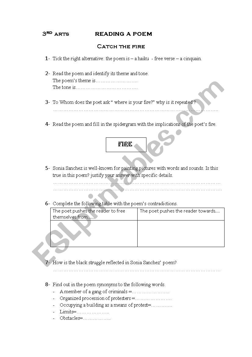 catch the fire  worksheet