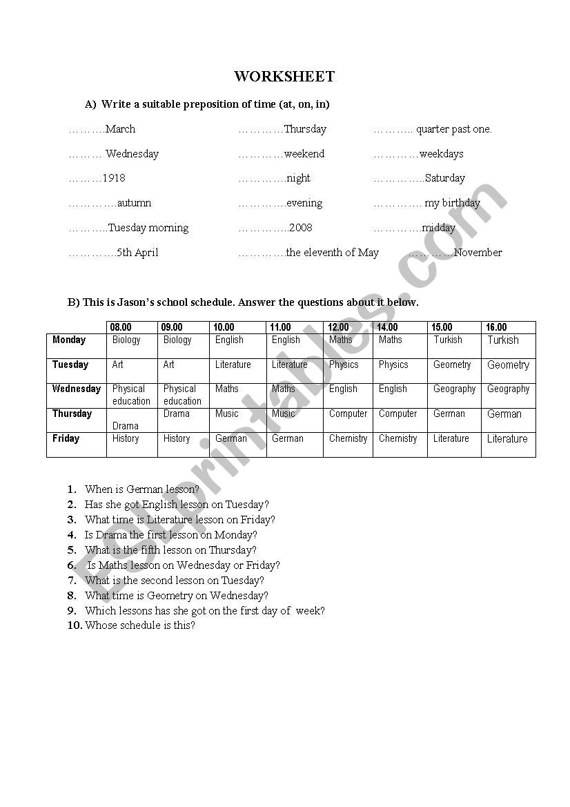 A worksheet on prepositions of time