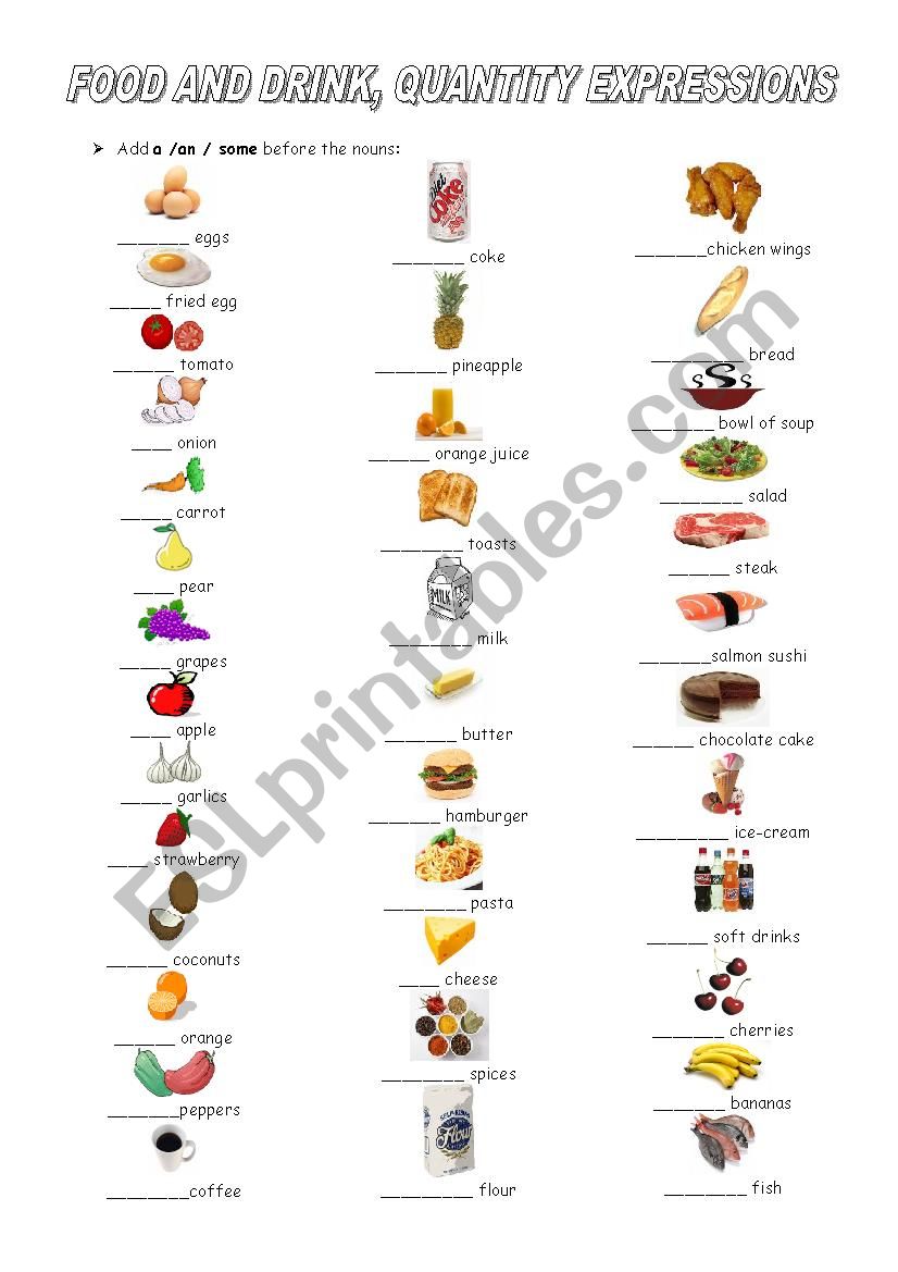 food, drinks and quantity expressions