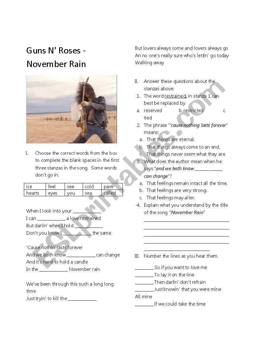 november rain  worksheet