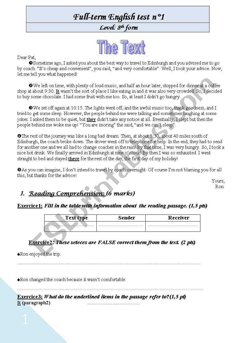 Full Term Eglish Test NÂ°1 for 8th form