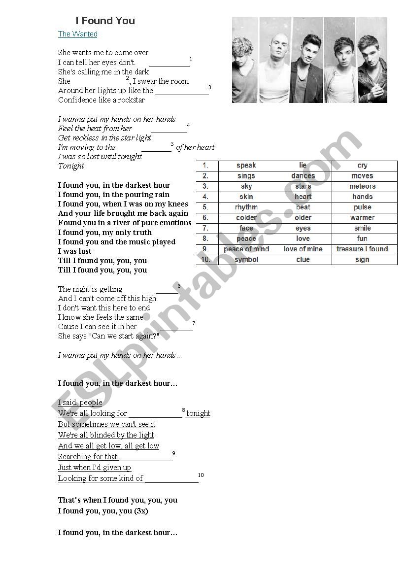 I found you - The Wanted worksheet