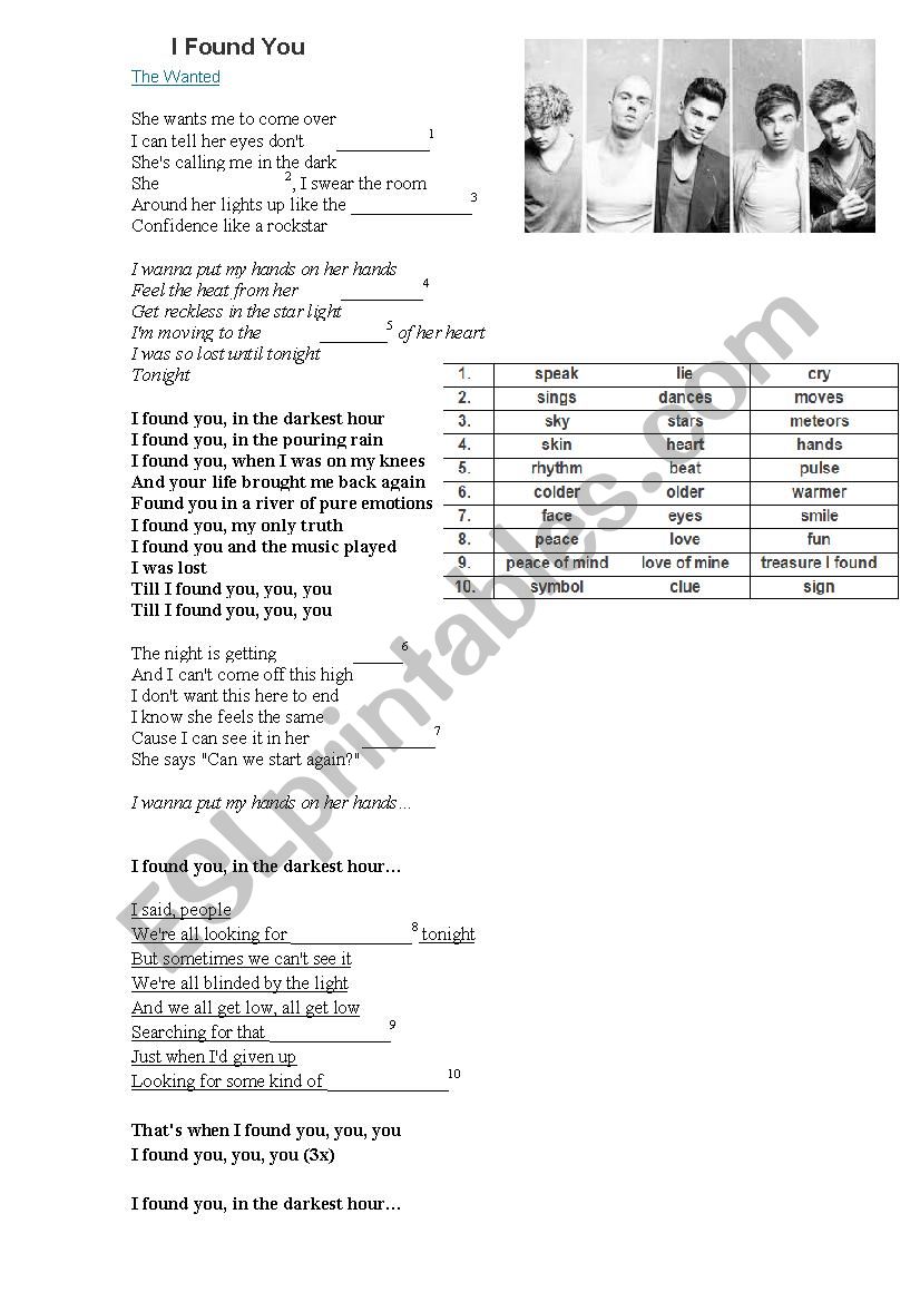 I found you - The Wanted worksheet