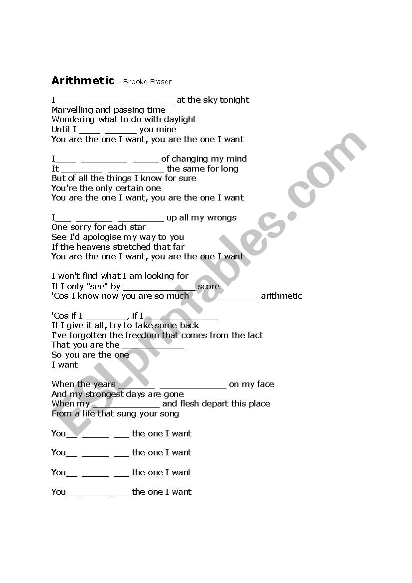 ´Arithmetic´ a song by Brooke Fraser ESL worksheet by maeveclancy