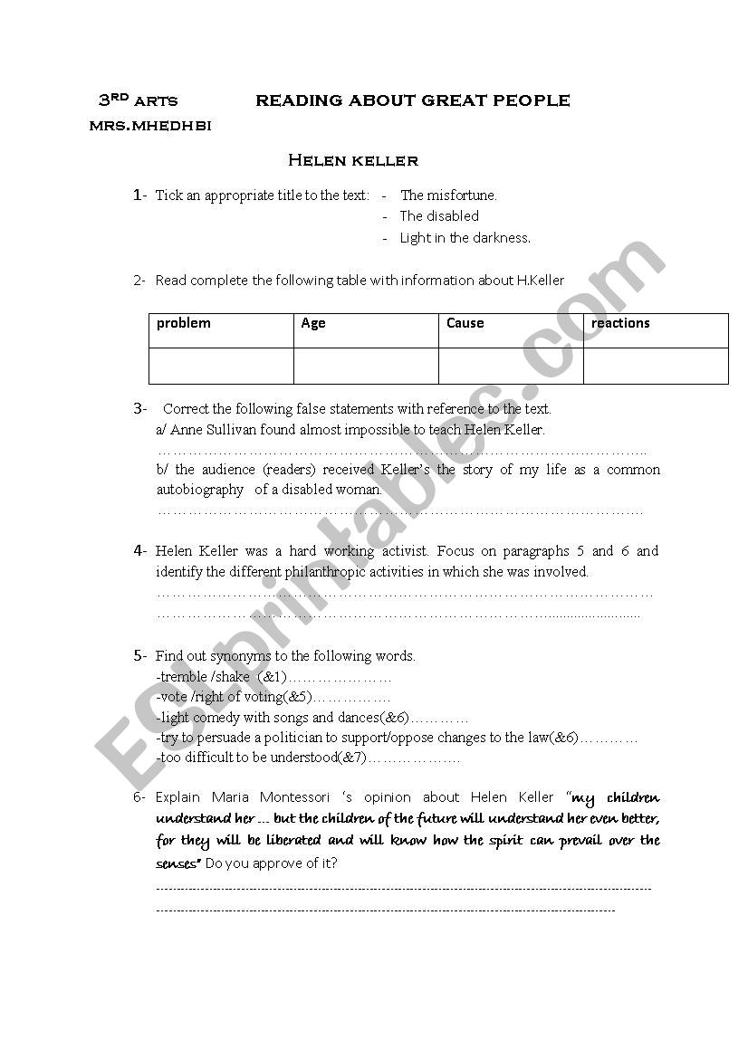 helen keller worksheet