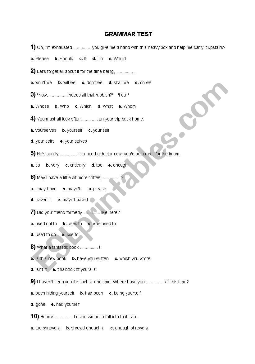 grammar test worksheet