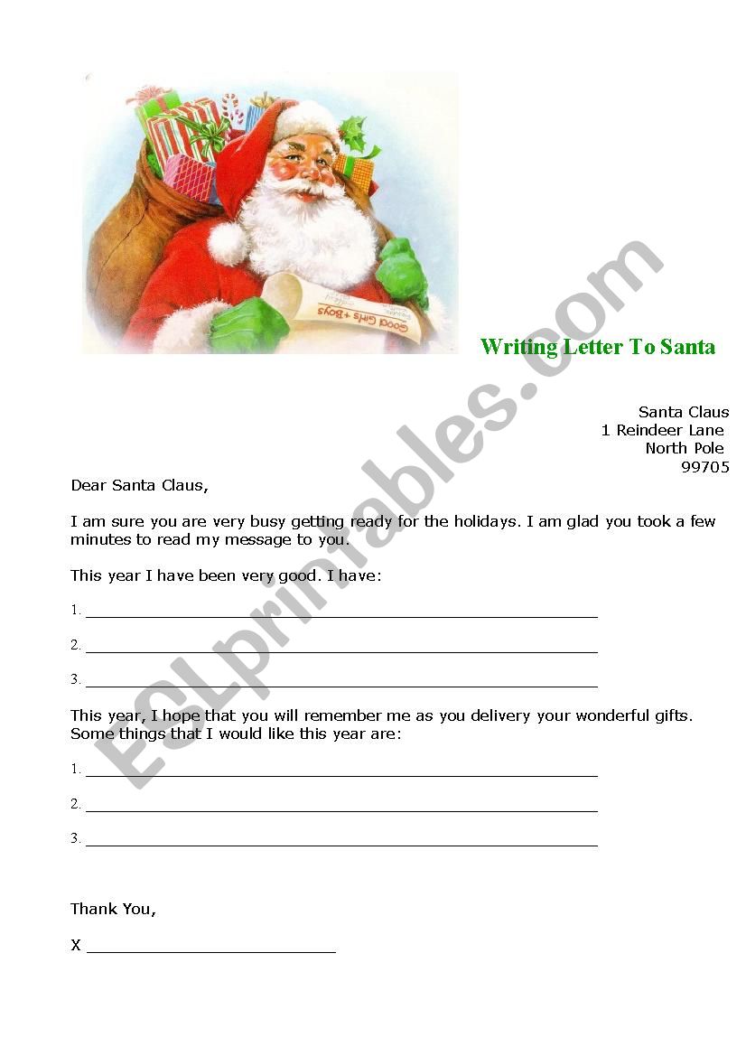 Writing letter to Santa worksheet