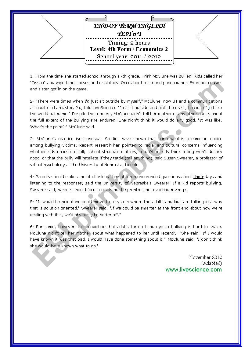 4th formers / English test n1