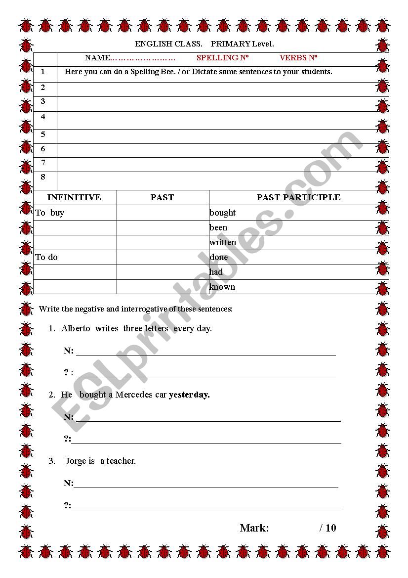 Spelling and irregular verbs worksheet