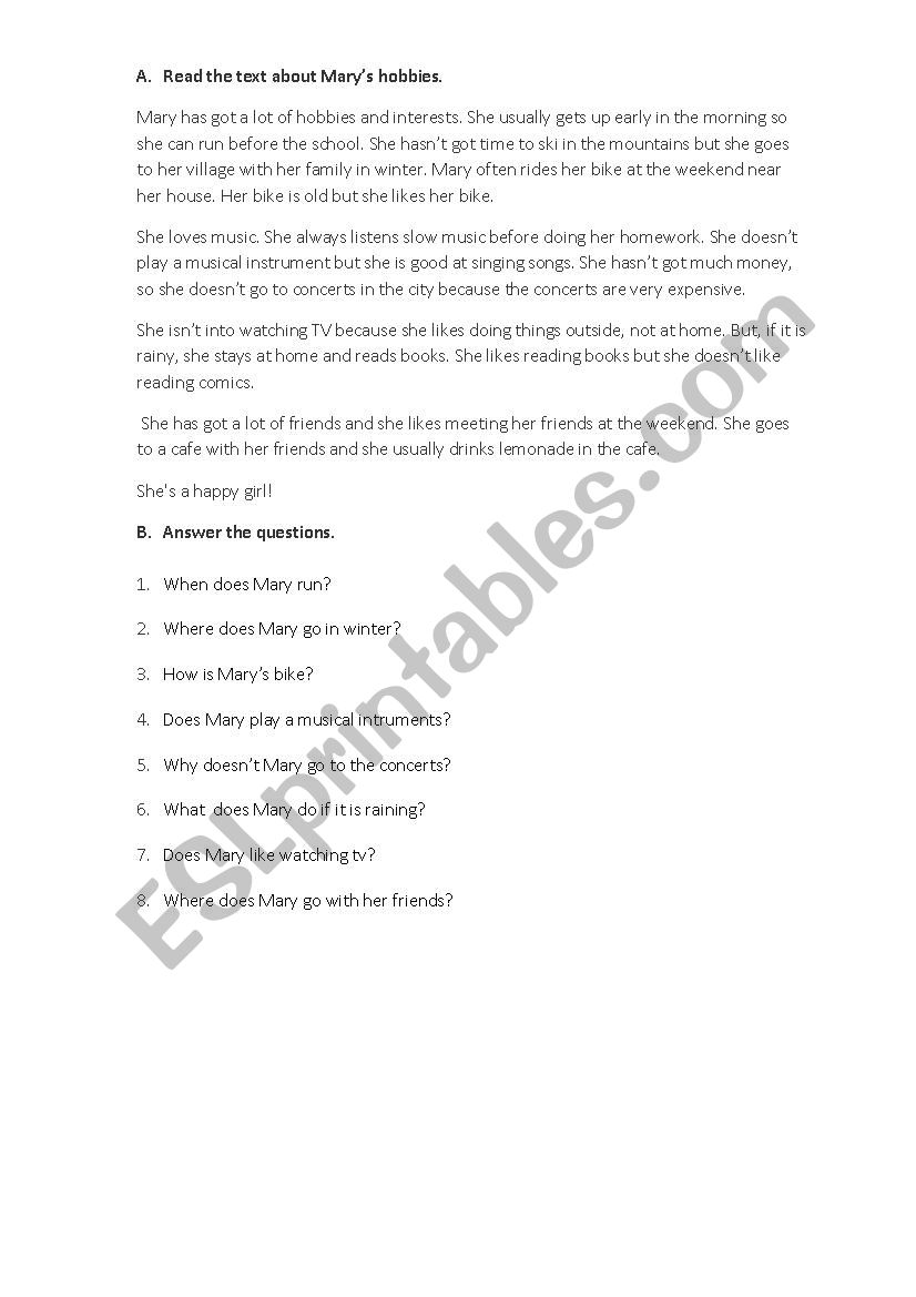 hobbies worksheet