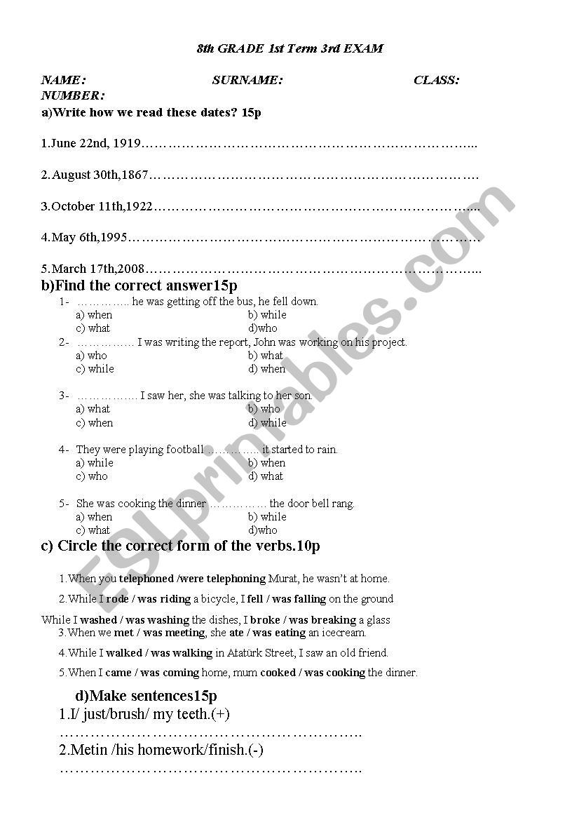 8th Grade 1st Term 3rd Exam worksheet