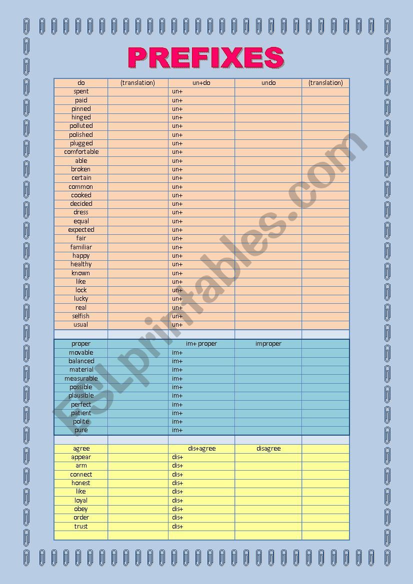 Prefixes worksheet