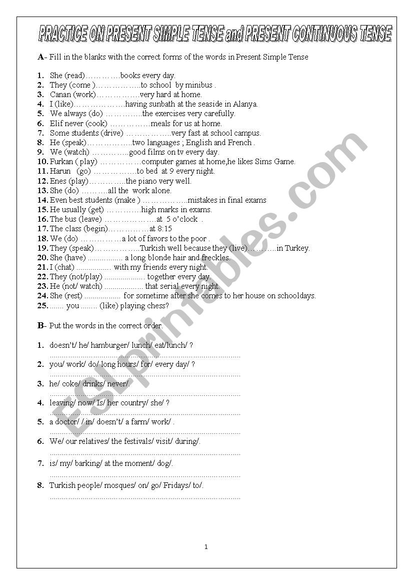 exercises on simple present and present continuous tenses