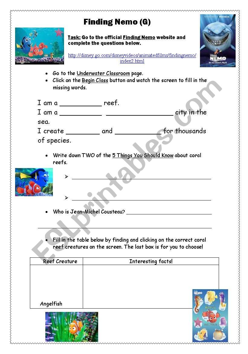 Finding Nemo- website search worksheet