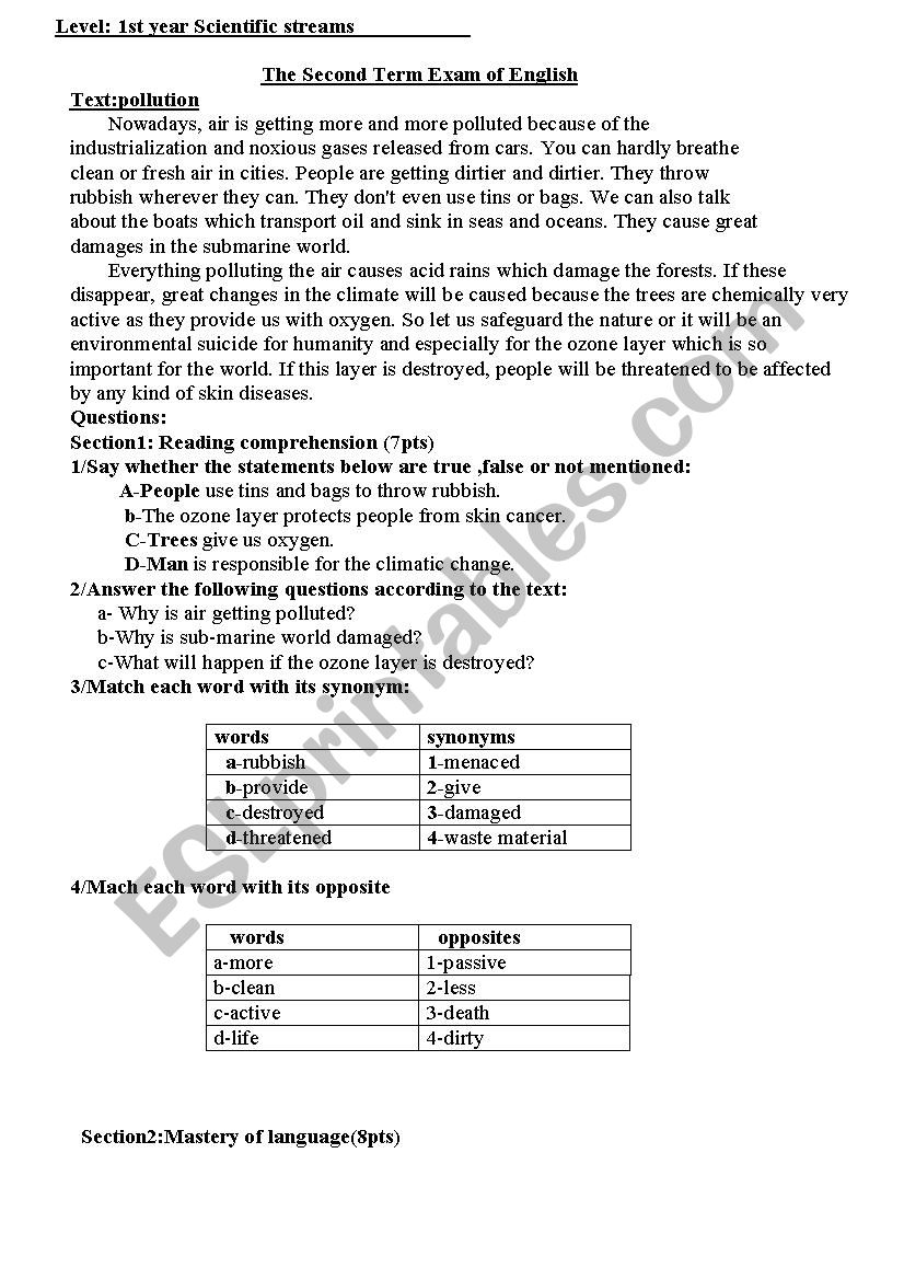 pollution worksheet