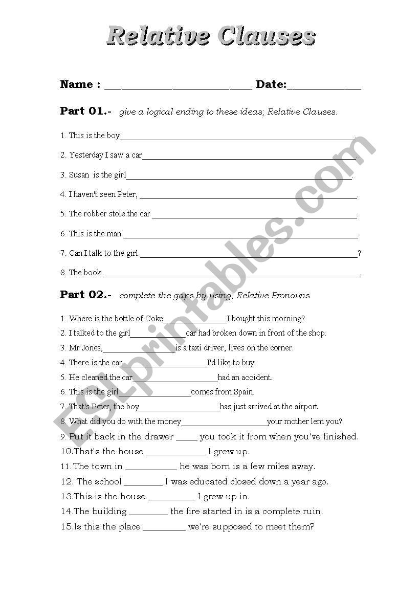 Relative Clauses / pronouns worksheet