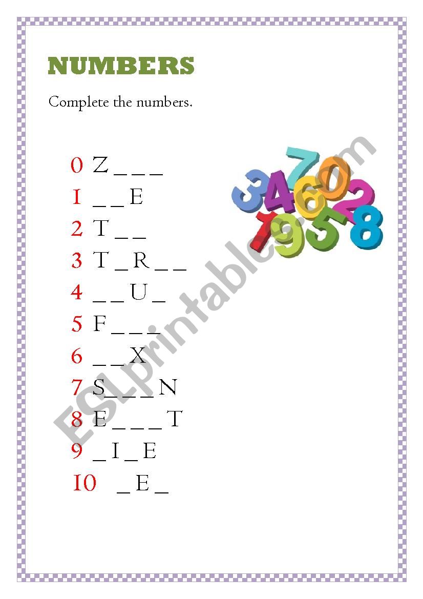 Complete the numbers worksheet
