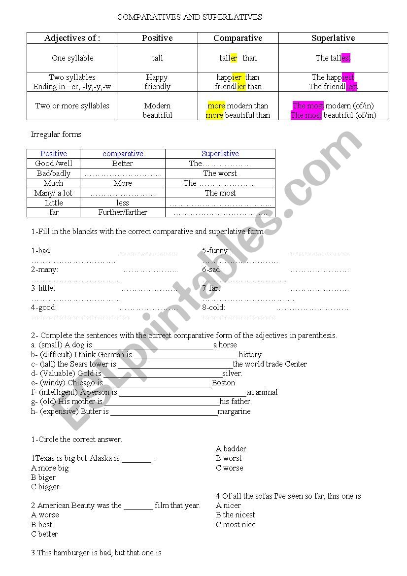 Comparative and Superlative worksheet