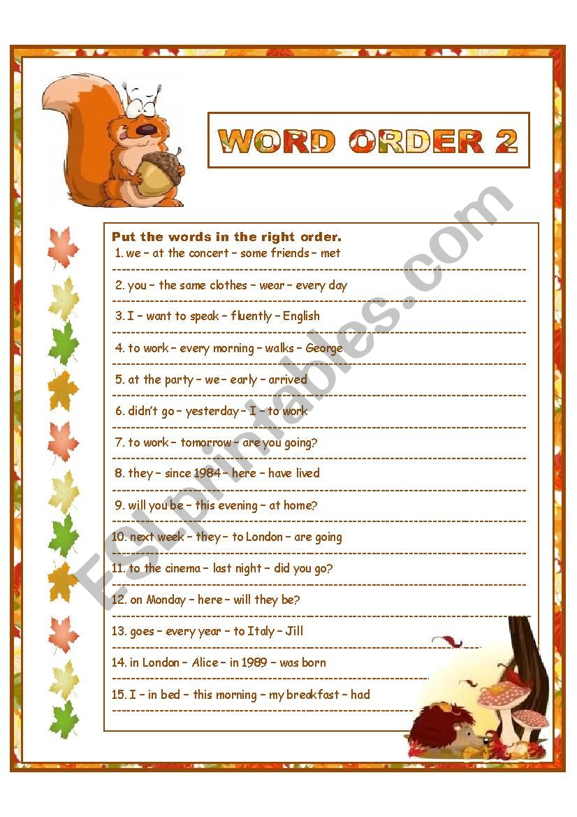 Word Order 2 worksheet