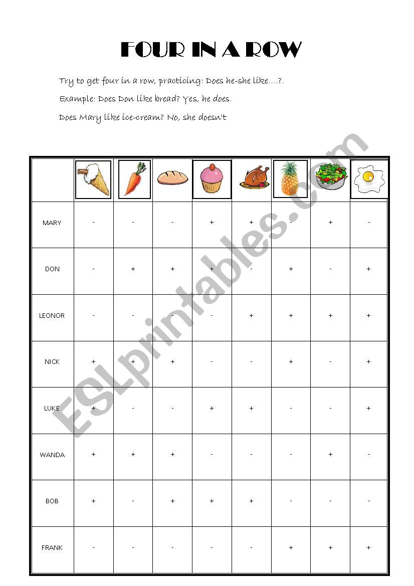 FOUR IN A ROW - FOOD worksheet
