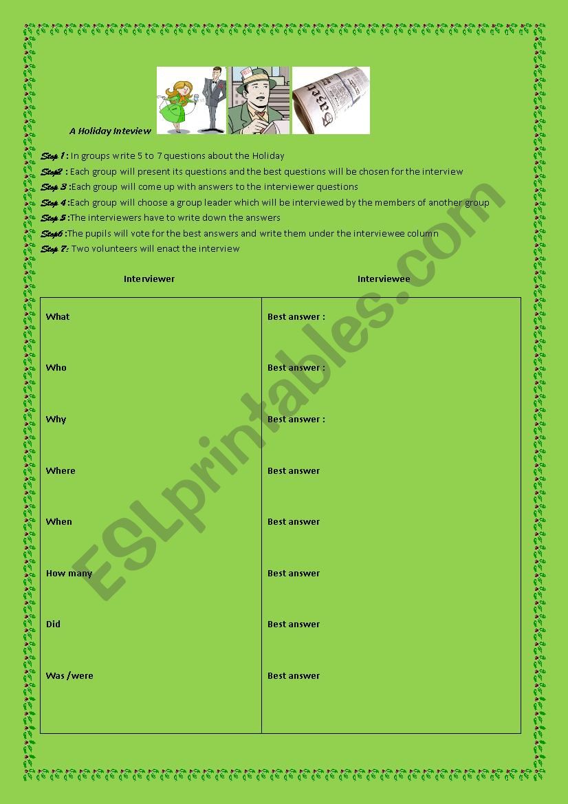 a holiday interview ( speaking activity for 3rd form, lesson: holidays)