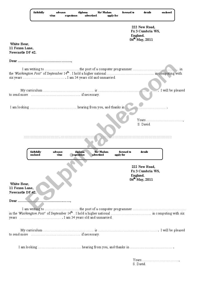 application letter form worksheet