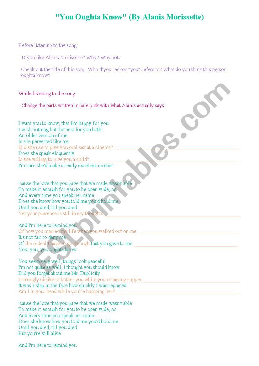 You Oughta Know worksheet